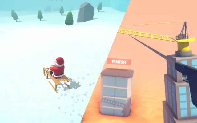 Screenshot from a game developed by Polycat Games featuring Santa's Risky Ride and Grapple Gravity